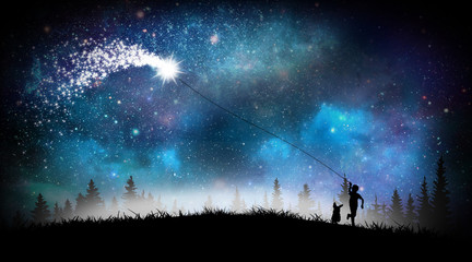 Boy with Magical Kite cartoon character in the real world silhouette art photo manipulation