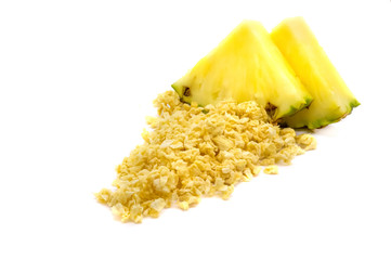 Freeze dried and fresh pineapple ananas on a white background.