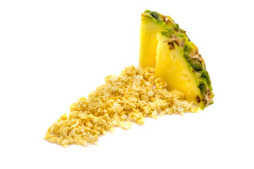 Freeze dried and fresh pineapple ananas on a white background. - 177014971