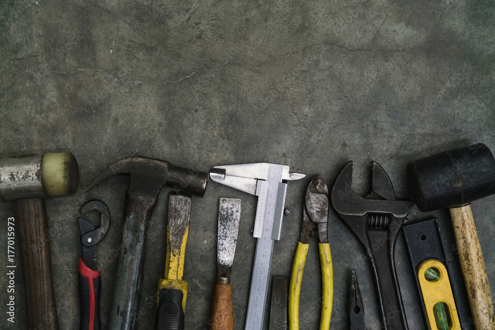 Wall mural Old tools equipment on black background, engineering concept