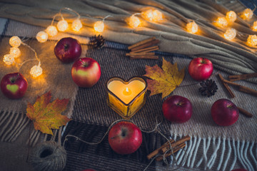 leaves, apples and a burning candle on a warm blanket