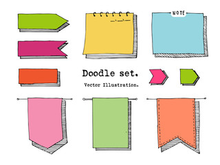 Hand drawn cartoon vector set of paper sheet, tag, sticky note. header, banner, item sketch. Doodle style illustration. Collection of doodle icons