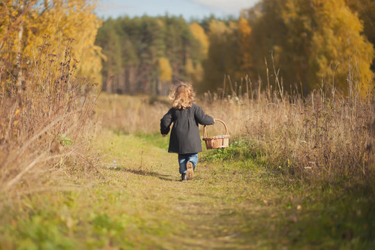 little girl runing to the forest for the mushrooms