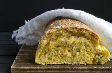 Homemade pumpkin bread sliced.