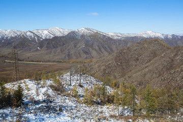 View of the snowy landscape of the Altay Mountains near the village of Onguday, Altai Republic, Russia.
