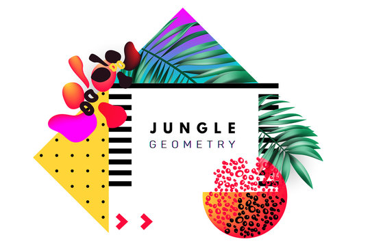 Modern, memphis style, geometric, pop, banner, brochure, flyer. Geometric figures, abstract flowers, realistic palm leaves and figures zebra stripes, dots. Neon jungle, electric tropical background