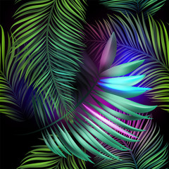 Neon jungle, electric tropical glitch summer seamless pattern. Beautiful, realistic palm leaves with neon glow, purple and blue color with shiny stars, sparkles and glow