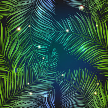 Neon jungle, electric tropical glitch summer seamless pattern. Beautiful, realistic palm leaves with neon glow, purple and blue color with shiny stars, sparkles and glow