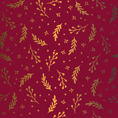 Cotton fabric Seamless festive pattern. Vector ornament. Gold branch on a red background.