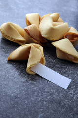 Fortune Cookies with blank paper on dark background