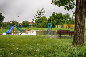 Novi Sad, Serbia May 23, 2017: Submerged children playground after a storm