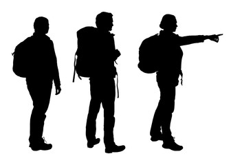 Set of realistic vector silhouettes of tourist man and woman with backpack isolated