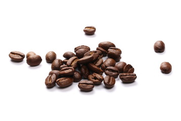 Pile coffee beans isolated on white background and texture, top view
