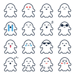 Set of ghost flat line icons for Halloween celebration. Collecti