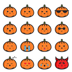 Pumpkin flat line emotion icon set for Halloween. Vector cartoon
