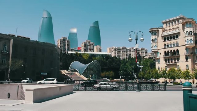 The famous 'Flame Towers' in Azerbaijan's capital Baku.High and beautiful blue skyscrapers in Baku