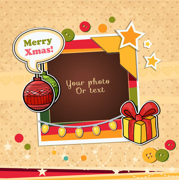 Decorative vector template frame. This photo frame you can use for kids picture or memories. Scrapbook design concept. Insert your picture. Merry Christmas and Happy New Year 