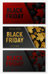 Black Friday Sale web Horizontal Banners Set. Black, gold and rec Flying maple leaves. Black and red Background.