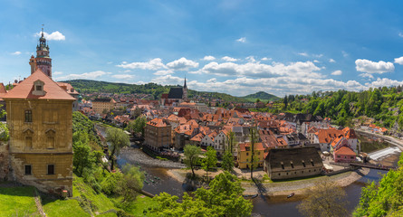 Panoramic view of Cesky Krumlov from above view in perfect Sunny day