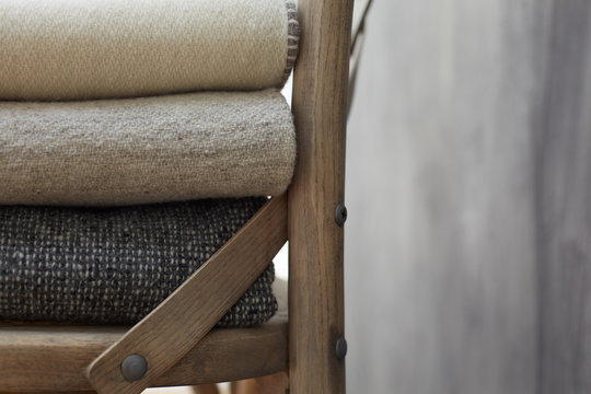 Close up of wool blankets on a chair