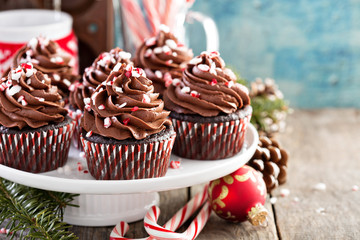 Chocolate peppermint cupcakes with candy cane