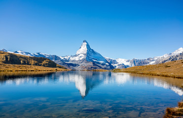  Matterhorn peak reflected in Stellisee Lake in Zermatt, Switzerland.
