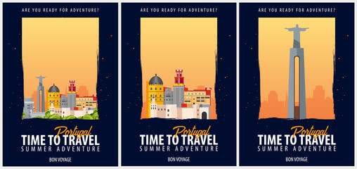Set of Posters Travel to Portugal. Journey, trip and vacation. Vector travel illustration.