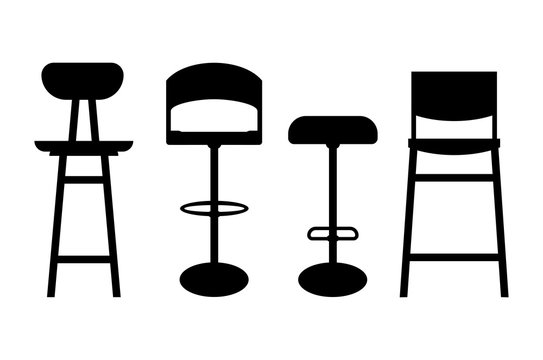 Bar stool icon - four variations. Silhouettes of bar stools. Bar stools isolated on white background .Vector illustration.