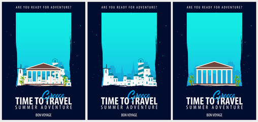 Set of Posters Travel to Greece. Journey, trip and vacation. Vector travel illustration.