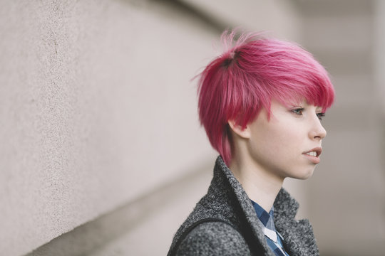 portrait of girl with pink hair, selective focus