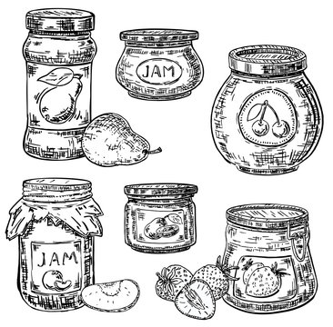 Vector ink hand drawn style fruit jam jar icon set