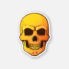 Vector illustration. Human skull with a terrible smile. Fiery bloody evil skull head. Symbol of death. Sticker in cartoon style with contour. Isolated on white background