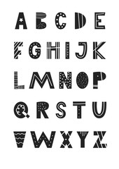 ABC - Latin alphabet. Unique hand drawn nursery poster with handdrawn letters in scandinavian style.