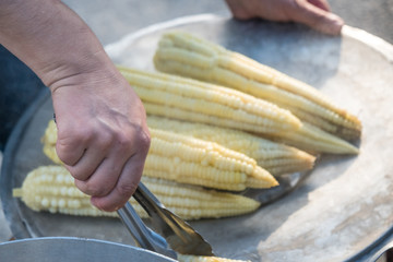 Boiled fresh white corn at street food