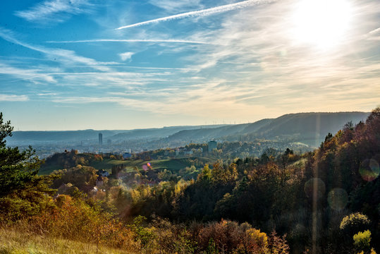 Jena, the city on the Saale in the middle of Thuringia and surrounded by mountains, in golden October.