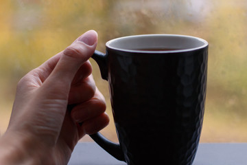 Female hand holding a Cup of hot tea on the front of the window autumn rain