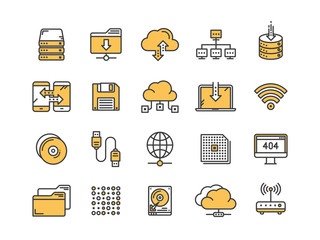 Cloud omputing. Internet technology. Online services. Data processing, information security. Connection. Thin line web icon set. Outline icons collection.Vector illustration.