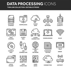 Cloud omputing. Internet technology. Online services. Data processing, information security. Connection. Thin line web icon set. Outline icons collection.Vector illustration.