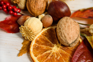 Autumn decoration with autumn leaves, chestnuts, nuts, peanuts, acorn, dry orange slices and dry poppy heads on rustic wooden table 