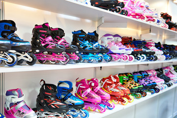 Roller skates on shelf of store