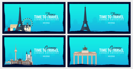 Set of travel banners to France and Germany. Time to Travel. Journey, trip and vacation. Vector flat illustration.