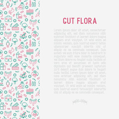 Fototapeta na wymiar Gut flora concept with thin line icons: gut, bacteria, obesity, stomach, infection, depression, medicine. Vector illustration for medical survey or report.