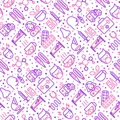 Influenza seamless pattern with thin line icons of symptoms and treatments: runny nose, headache, pain in throat, temperature, pills, medicine. Vector illustration for banner, web page, print media.