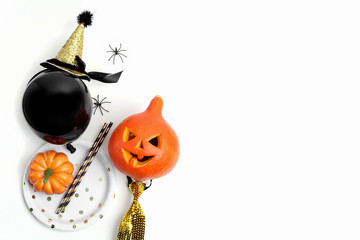 Halloween party decoration on a white background. Flat lay