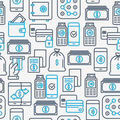 Payment seamless pattern with thin line icons related to credit card, money flow, saving, atm, mobile payment. Vector illustration of banner, web page, print media.
