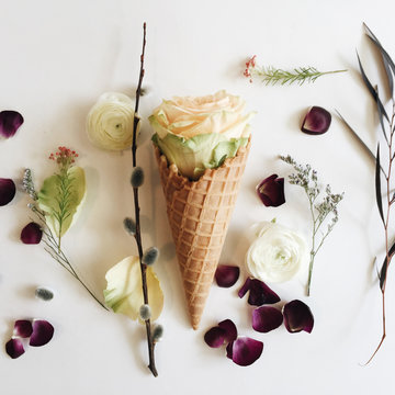 Flower Waffle Cone Design On White Background