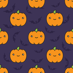 Seamless halloween pattern with pumpkins on dark violet background with silhouettes of flittermouse.
