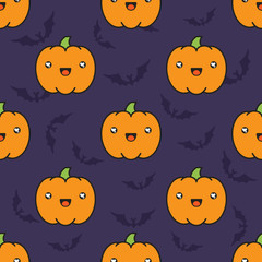 Seamless halloween pattern with pumpkins on dark violet background with silhouettes of flittermouse.