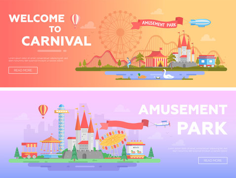 Amusement park - set of modern flat vector illustrations