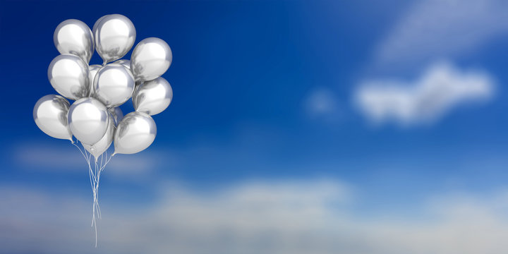 Silver balloons on blue sky background. 3d illustration